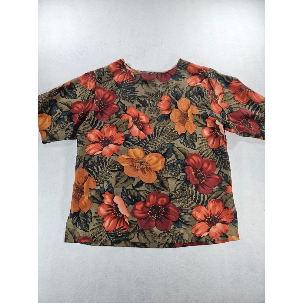 Rafaella Vintage 100% Silk Vibrant Floral Blouse Size L Boxy Fit Crewneck 1990s